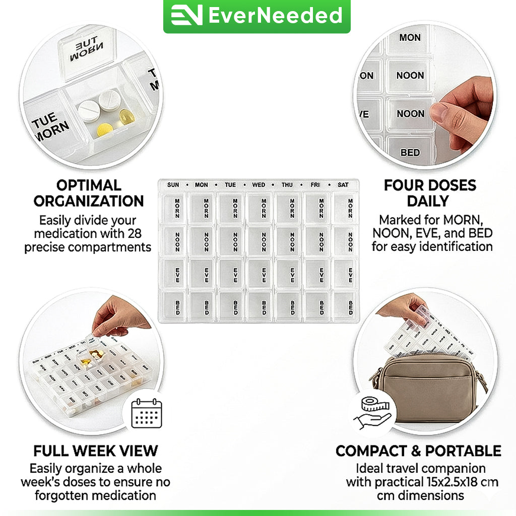 7 Day Pill Organizer – Weekly Medicine Box with 4 Daily Compartments